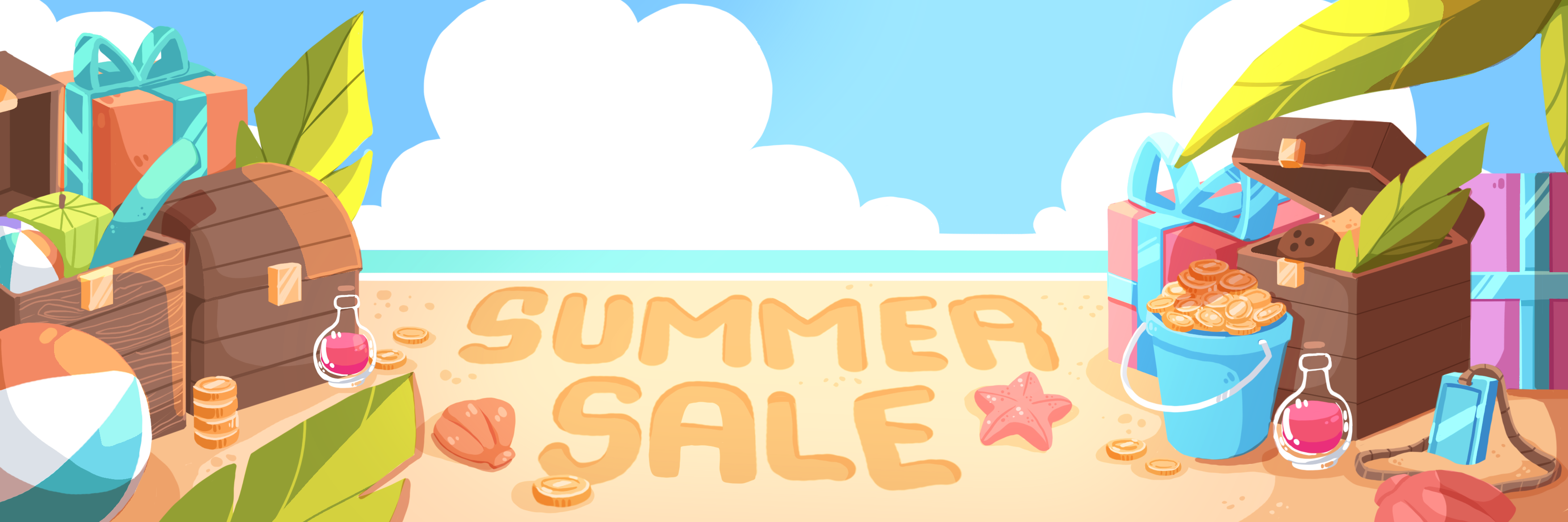 A bright beach area decorated with gifts, chests, coins, and various other Summer decorations. The words “Summer Sale” are written in the middle.